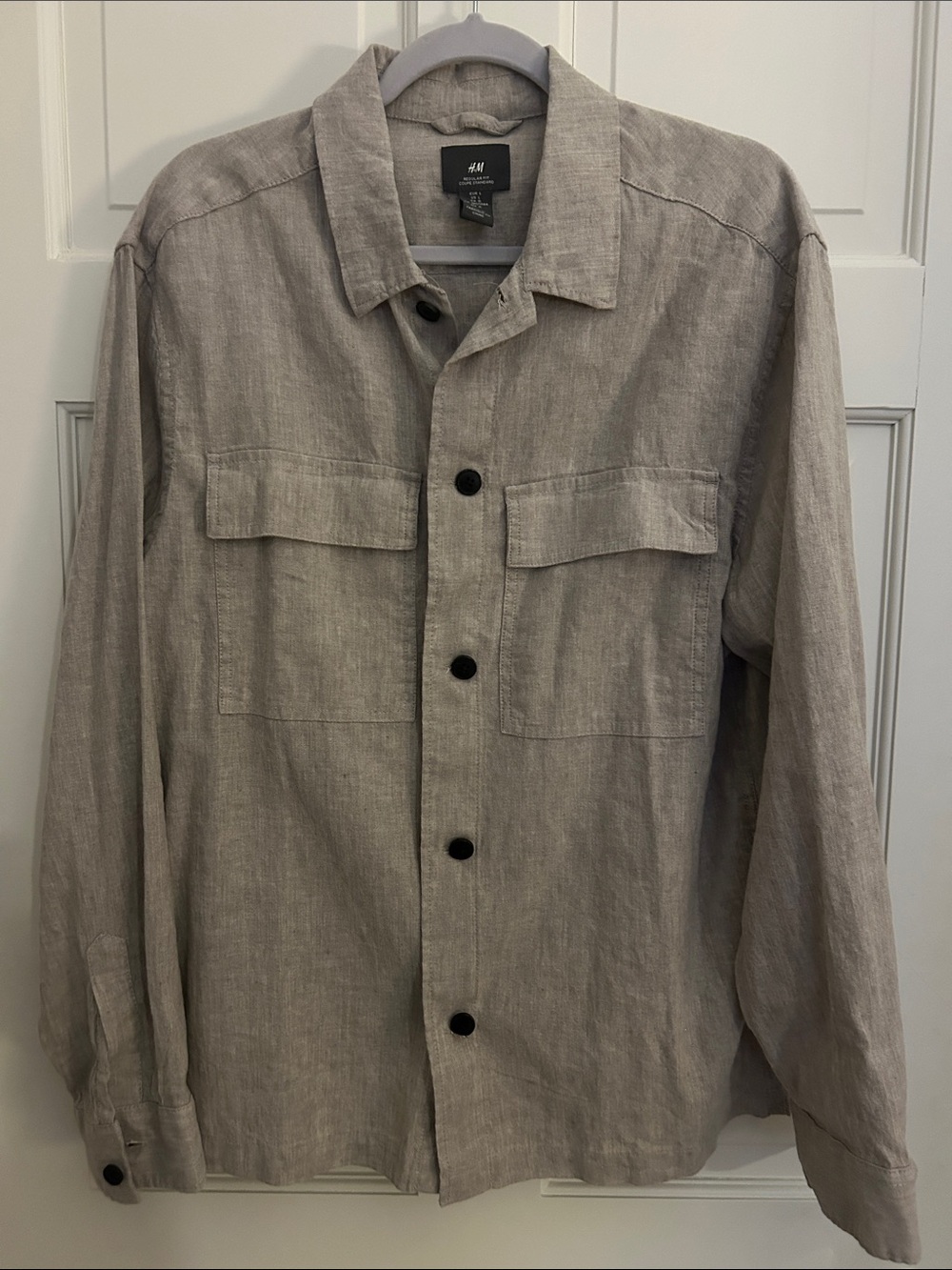 H&M Men's Light Beige Linen-Blend Shirt Jacket with Black Buttons